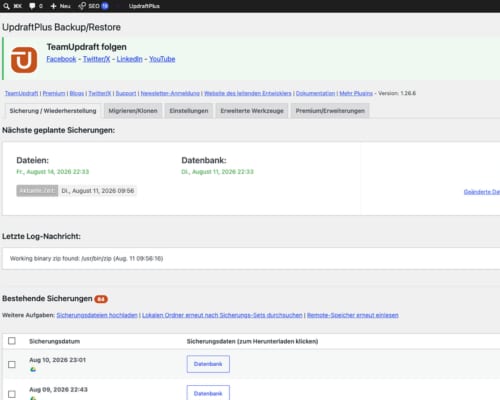 UpdraftPlus Dashboard in WordPress zeigt geplante automatische Datenbanksicherungen und Backup-Verlauf im Rahmen der Wartung von Lumios & Co