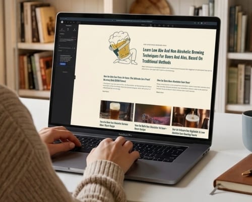 Webdesigner bearbeitet ein Blog-Layout über alkoholfreies Brauen im Elementor Page Builder auf einem MacBook Pro am aufgeräumten Schreibtisch